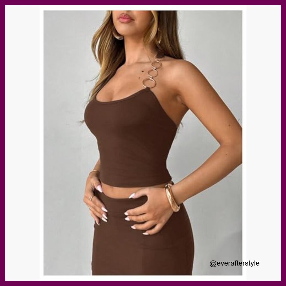 Polyester Blend Ring Linked Backless Halter Neck … - image 2